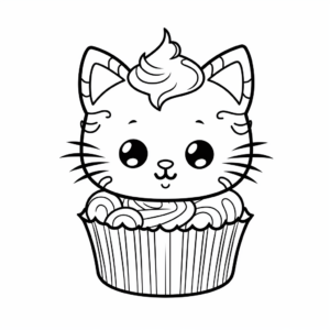 Festive Cat Cupcake Birthday Coloring Pages 1