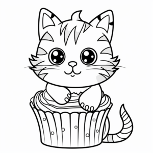 Festive Cat Cupcake Birthday Coloring Pages 2