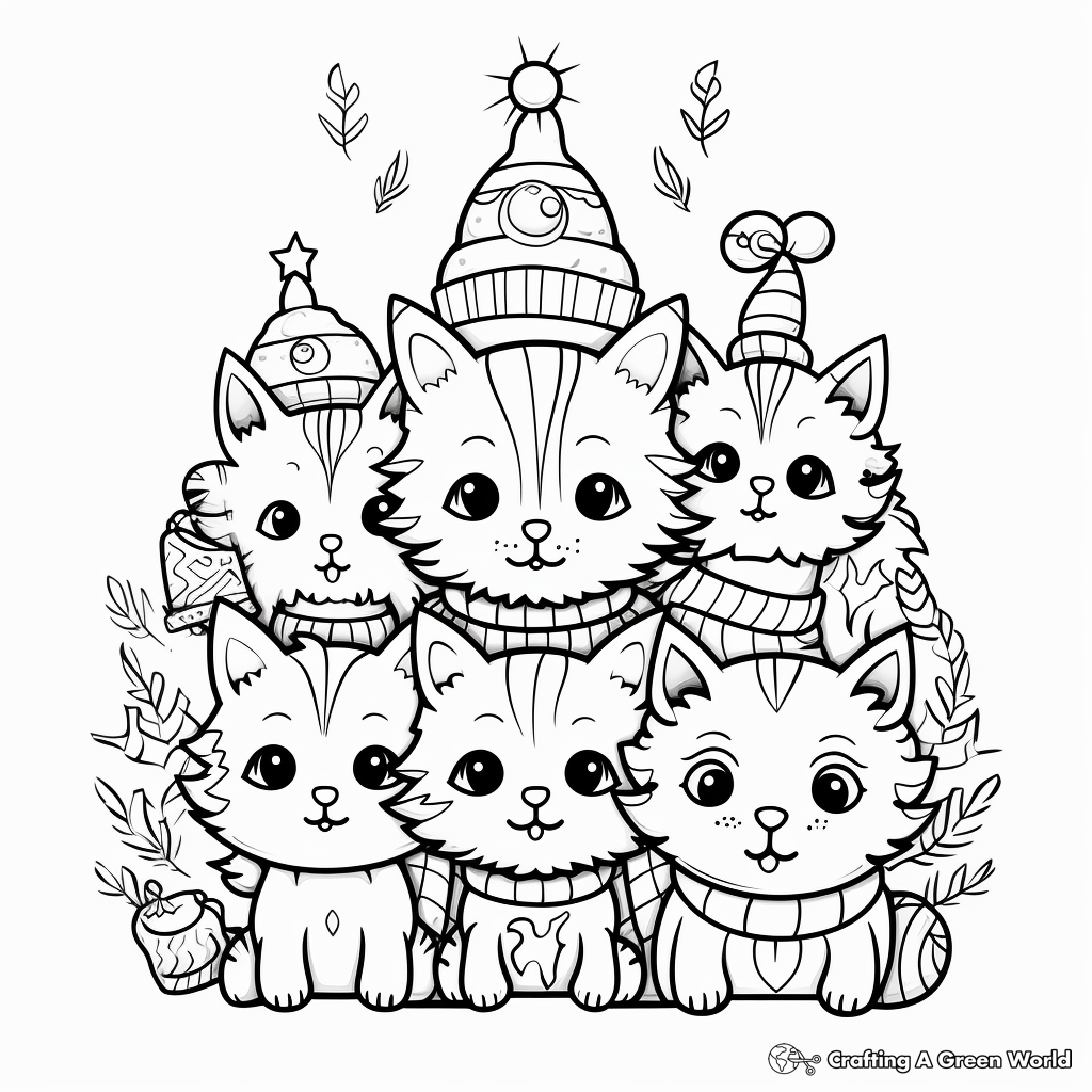 Festive Cat Pack Celebrating Christmas Coloring Pages 1