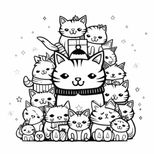 Festive Cat Pack Celebrating Christmas Coloring Pages 3
