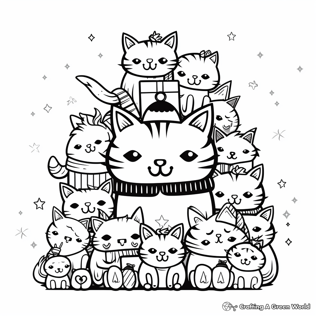 Festive Cat Pack Celebrating Christmas Coloring Pages 3