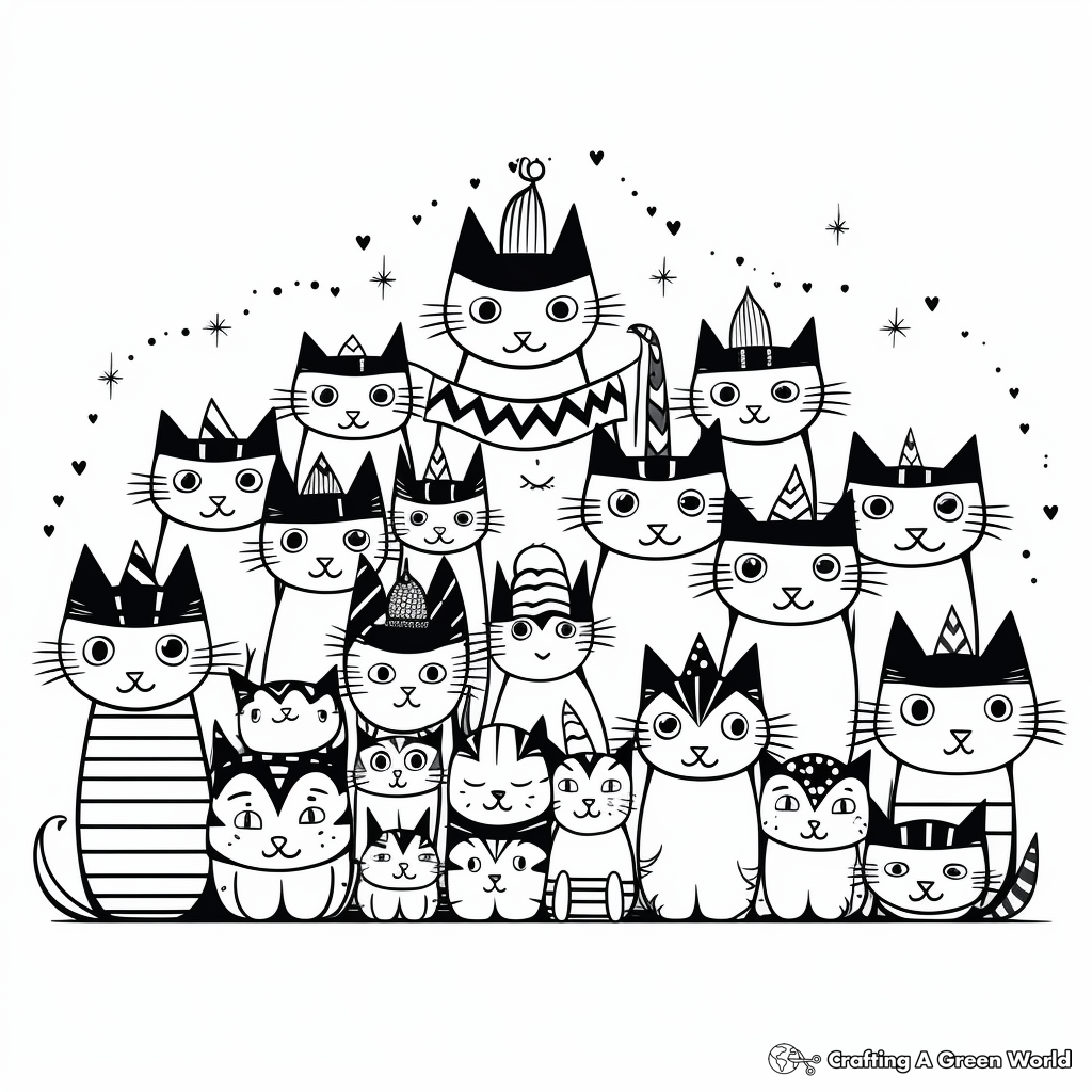 Festive Cat Pack Celebrating Christmas Coloring Pages 4