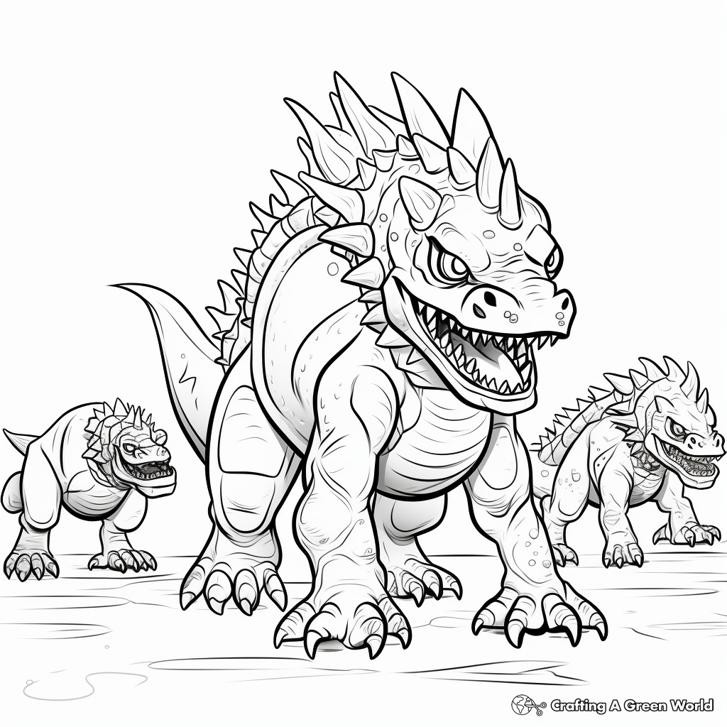 Fierce Pachycephalosaurus Battling with Other Dinosaurs Coloring Pages 3