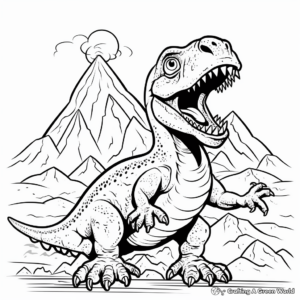 Fierce Velociraptor and Volcano Eruption Coloring Pages 1