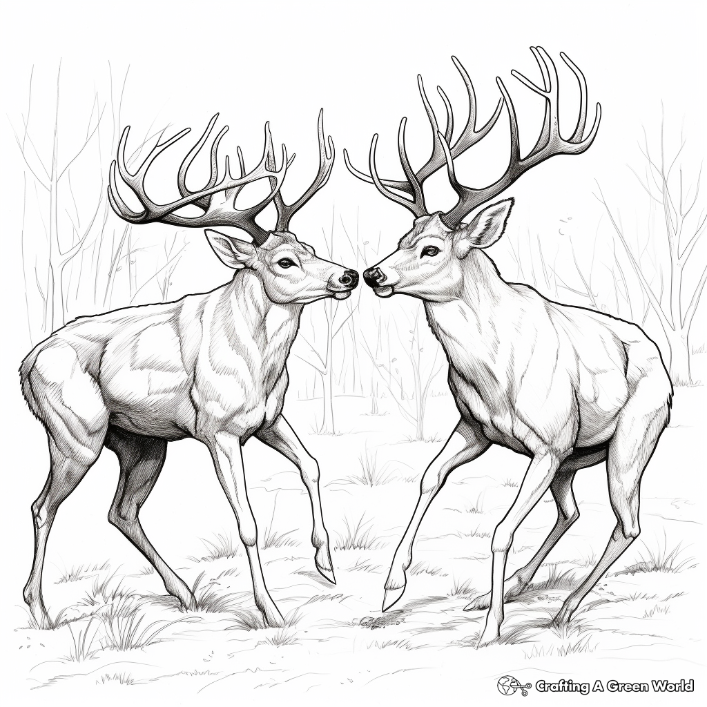 Fighting White Tailed Deer: A Battle of Antlers Coloring Page 1