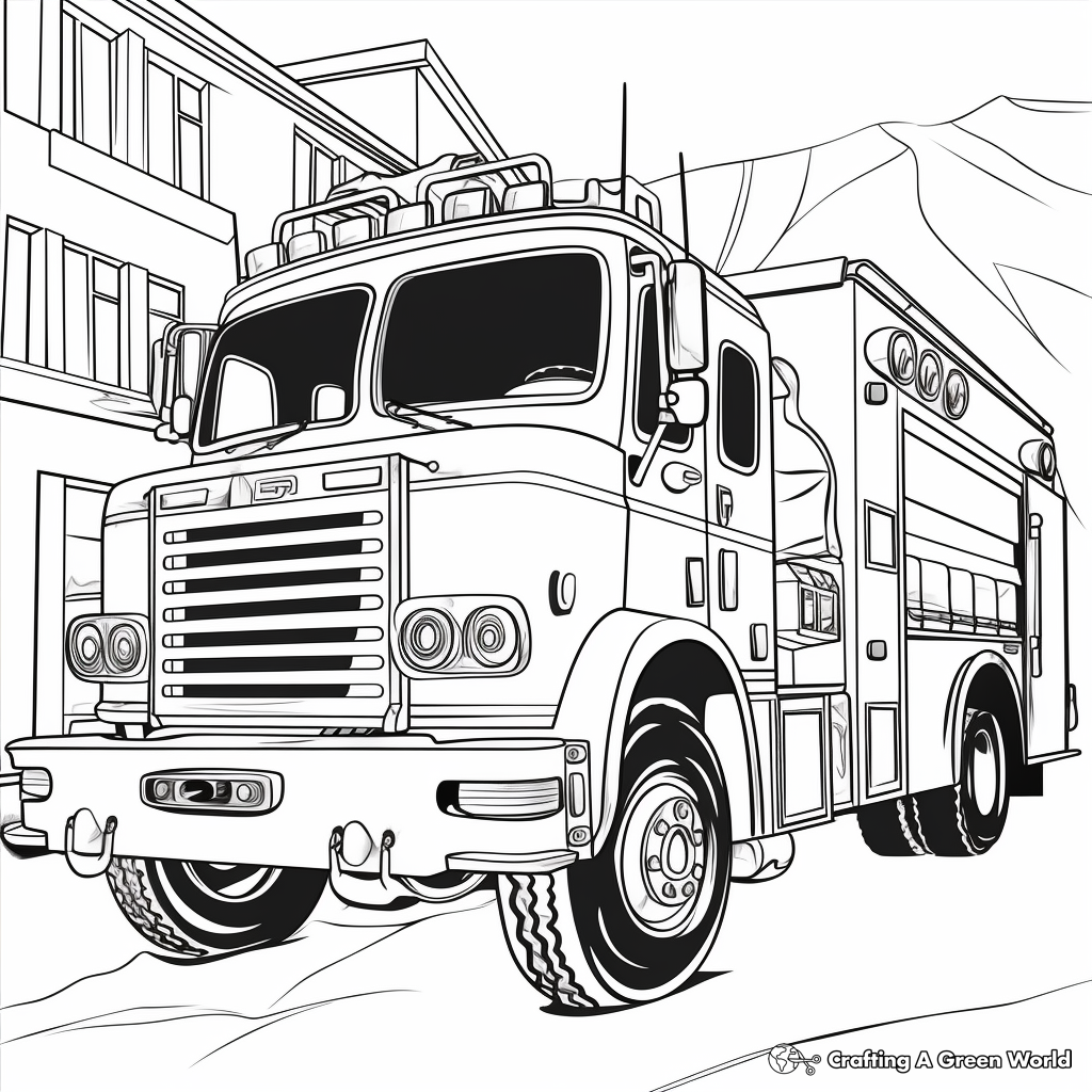 Fire Truck in Action: Fire-Scene Coloring Pages 4