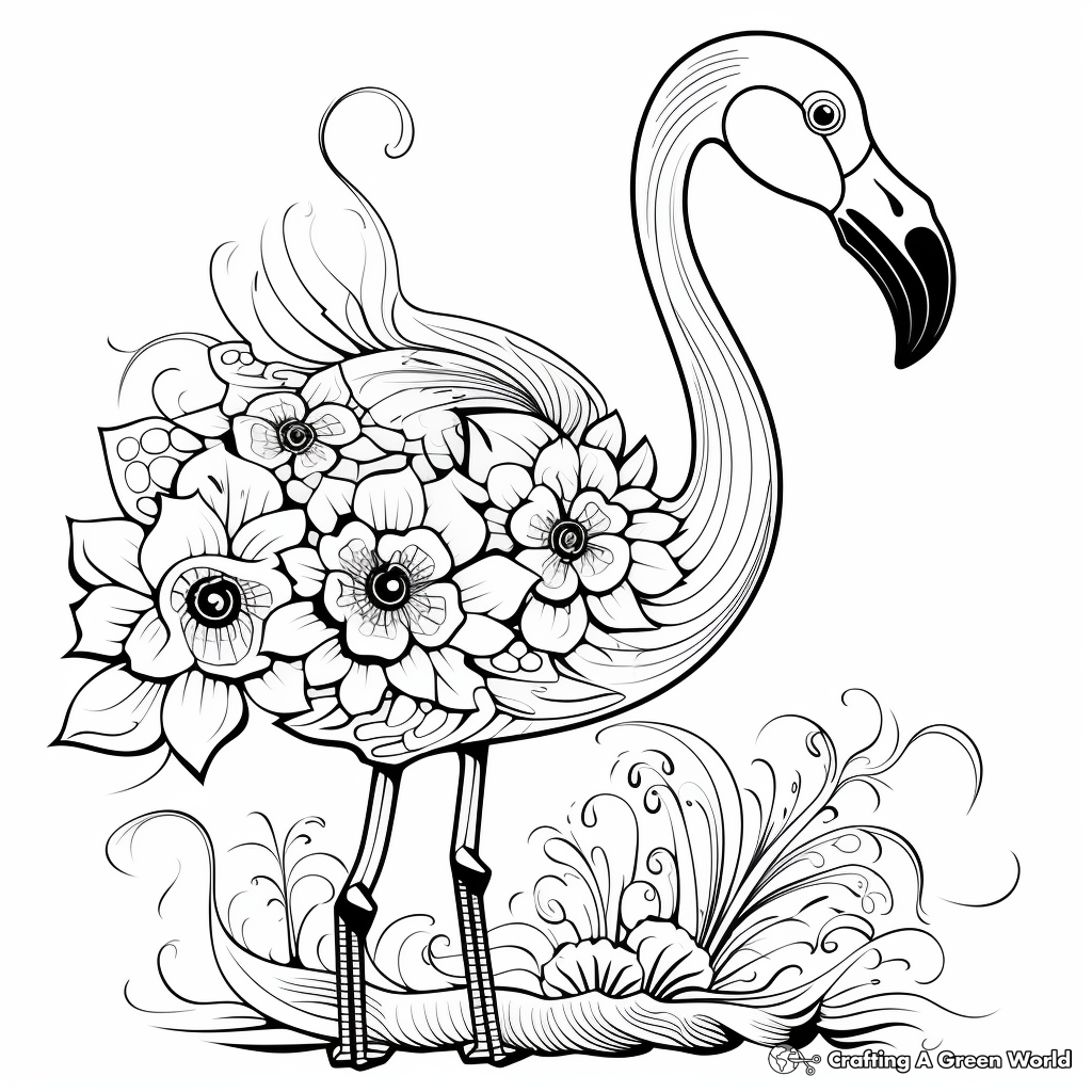 Flamboyant Flamingo with Exotic Flowers Coloring Pages 1