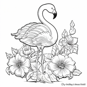 Flamboyant Flamingo with Exotic Flowers Coloring Pages 2