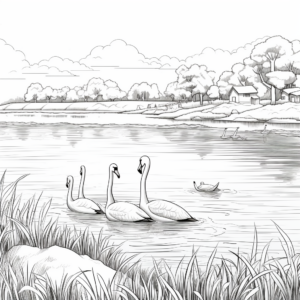 Flamingos by the Lake Scenic Coloring Pages 1
