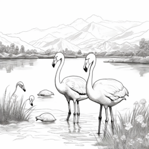 Flamingos by the Lake Scenic Coloring Pages 2