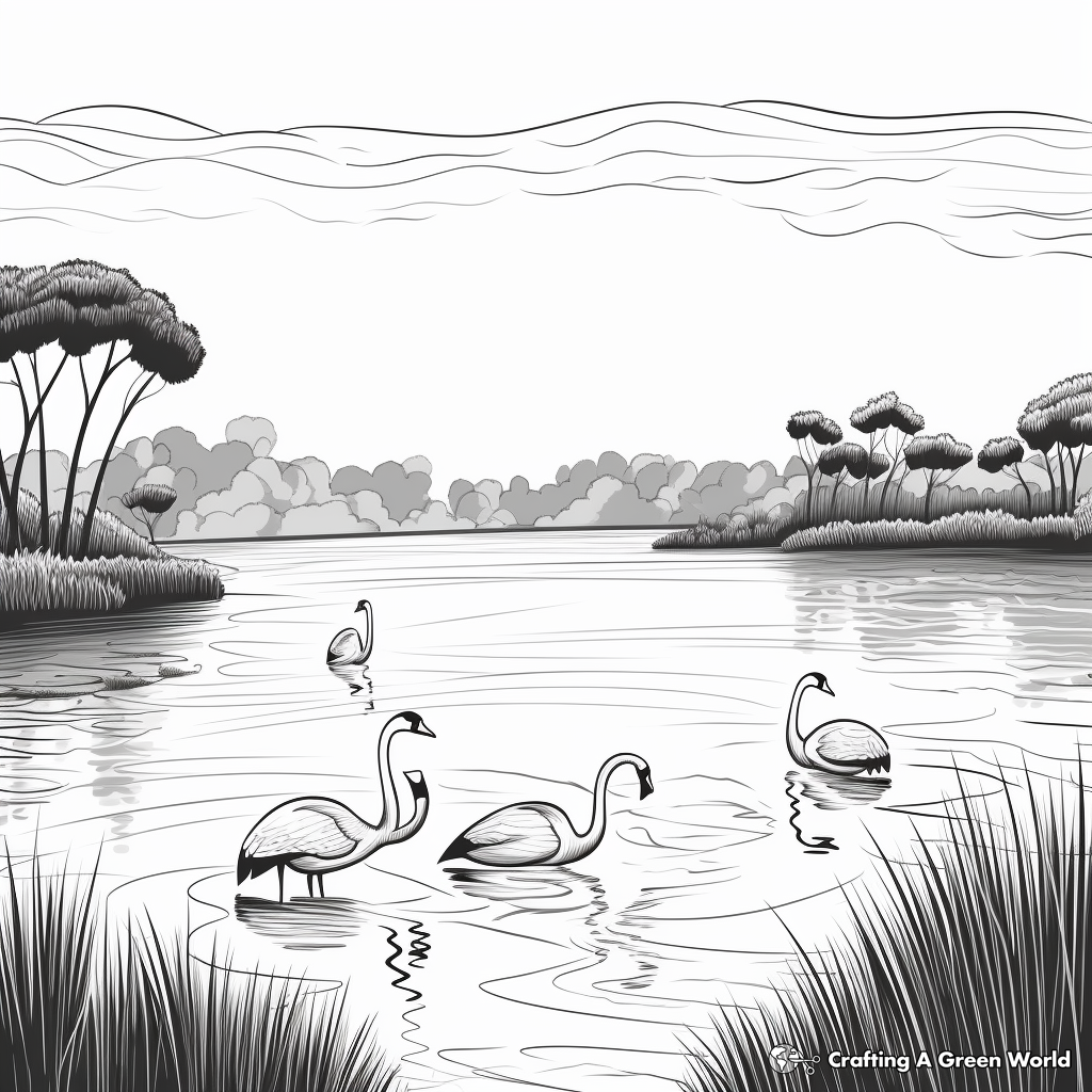 Flamingos by the Lake Scenic Coloring Pages 4