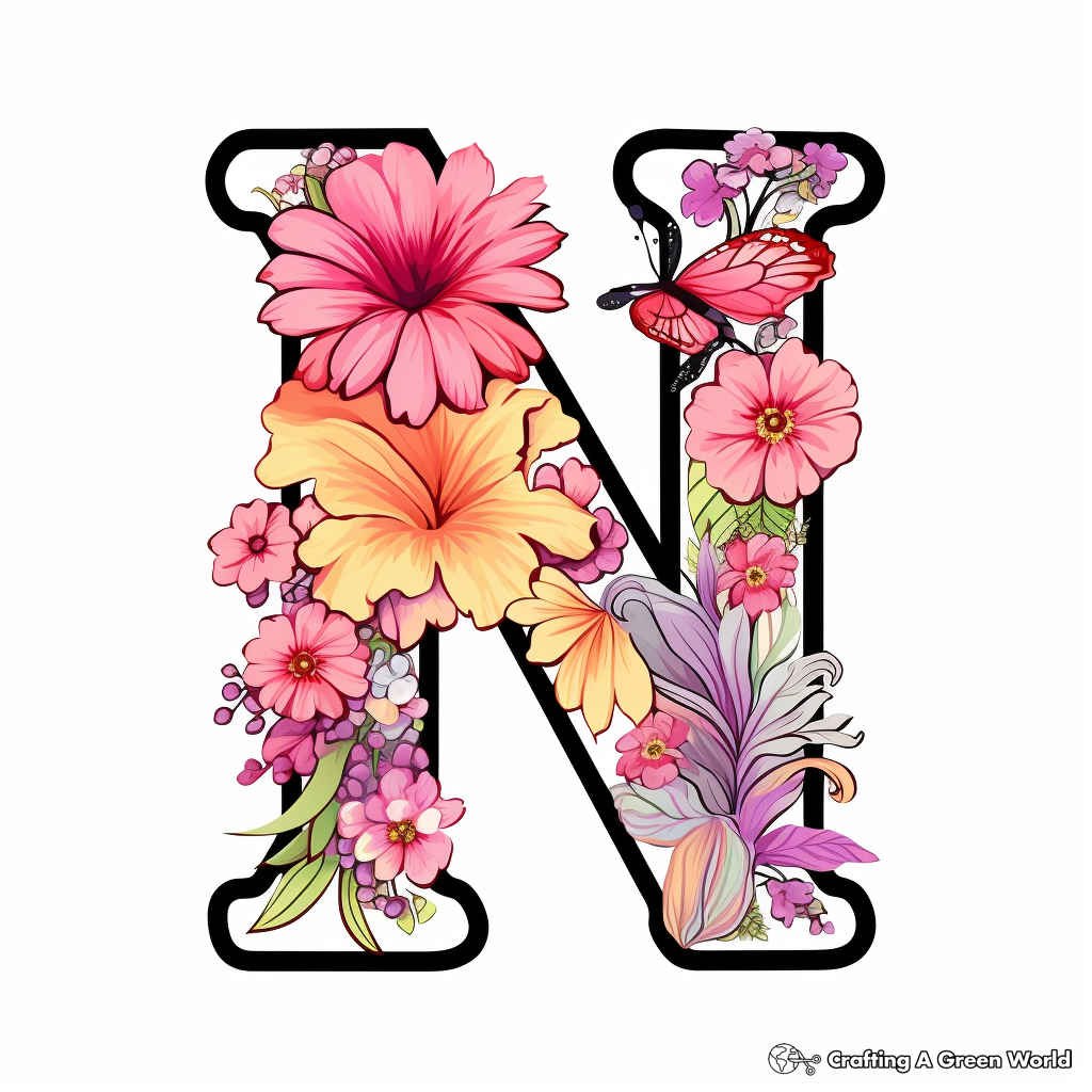 Floral Letter N Coloring Pages for Garden Lovers 1