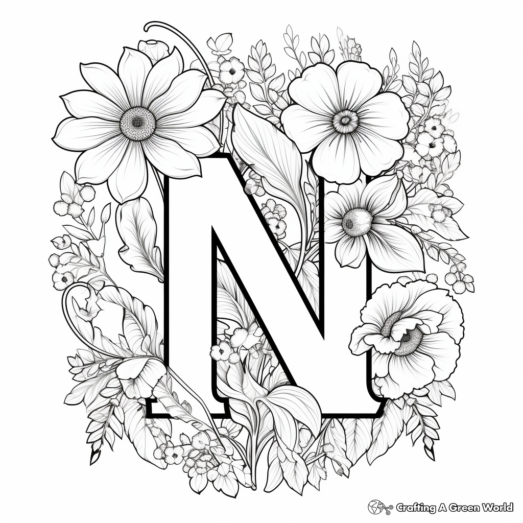 Floral Letter N Coloring Pages for Garden Lovers 3