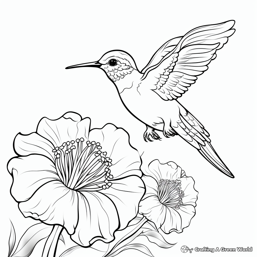 Flower and Hummingbird: Nature-Scene Coloring Pages 1