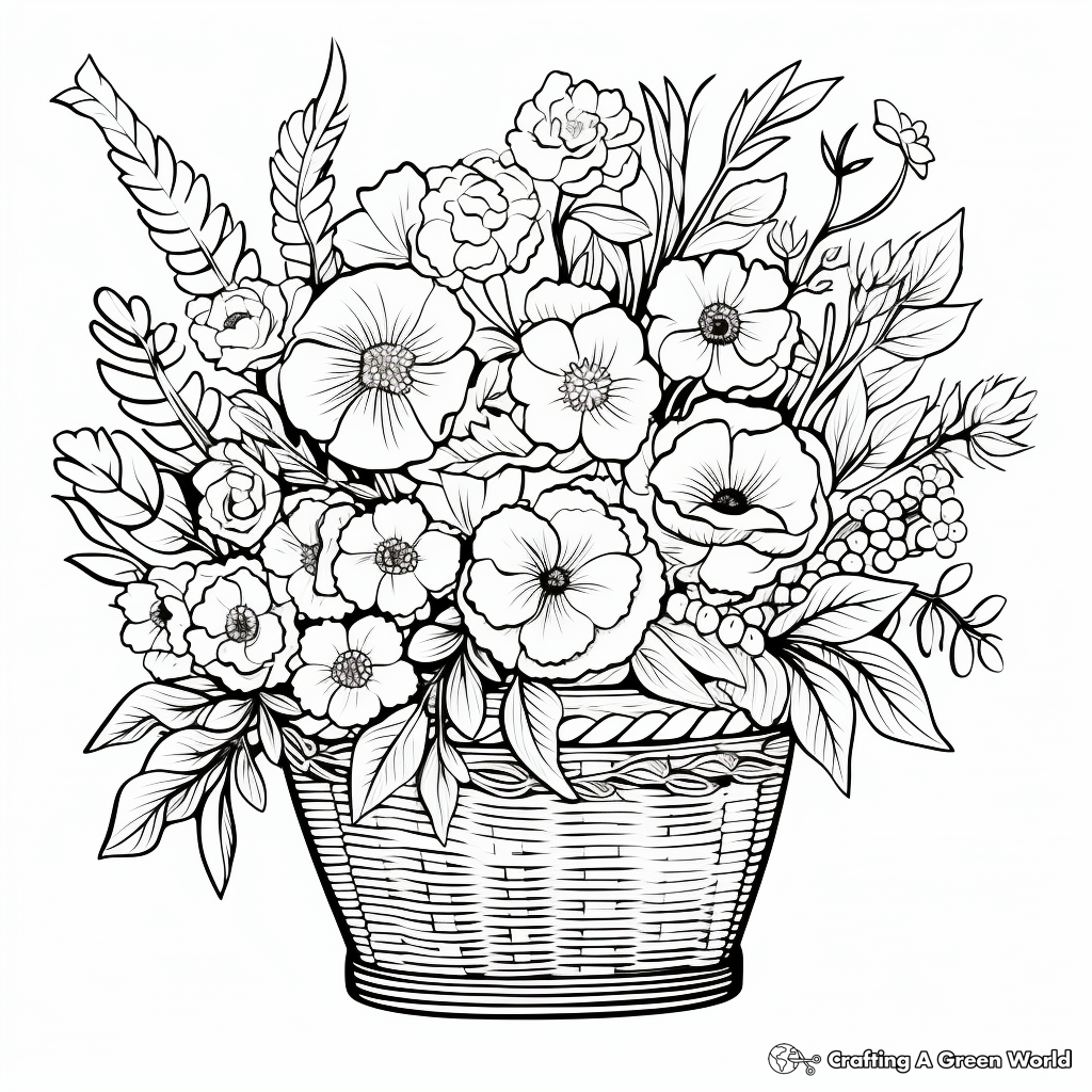 Flower Arrangements Coloring Pages: Baskets, Vases, and Bouquets 2