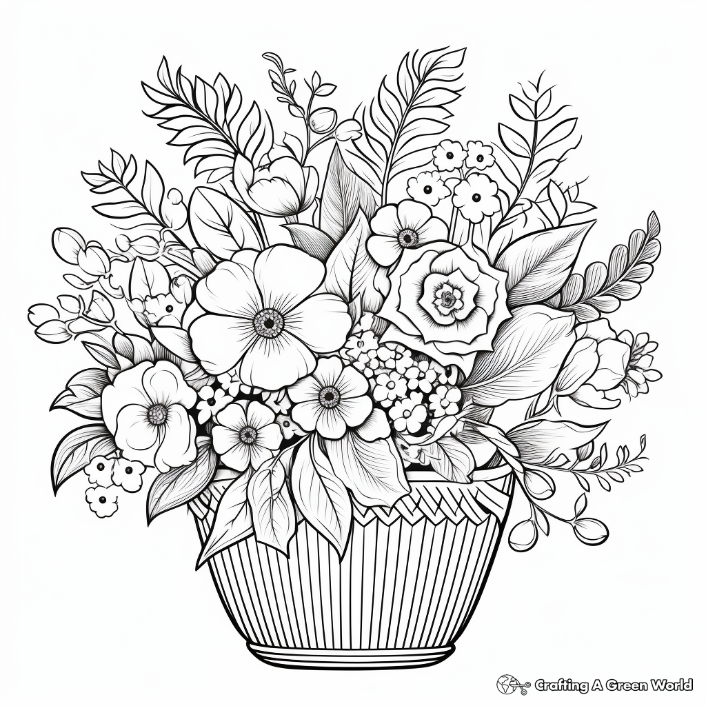 Flower Arrangements Coloring Pages: Baskets, Vases, and Bouquets 3