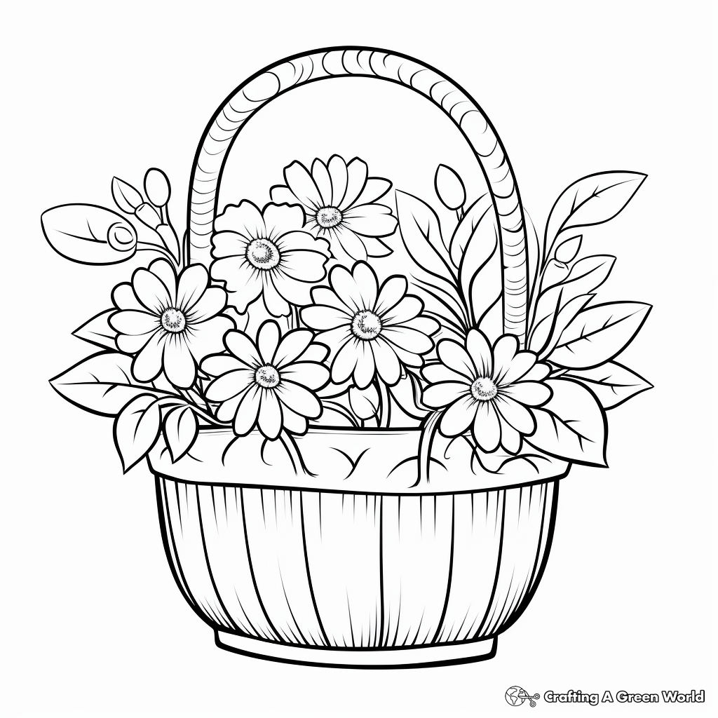 Flower Basket in the Garden: Scene Coloring Pages 2