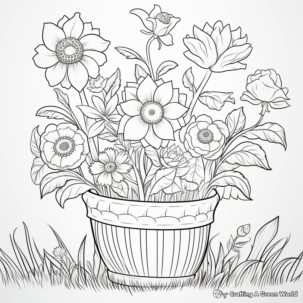 Flower Basket in the Garden: Scene Coloring Pages 3