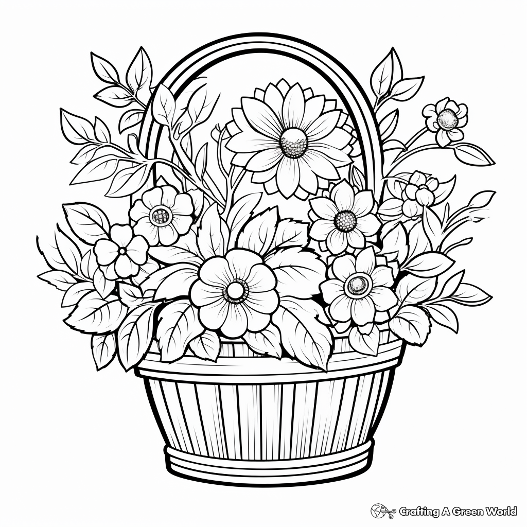 Flower Basket in the Garden: Scene Coloring Pages 4