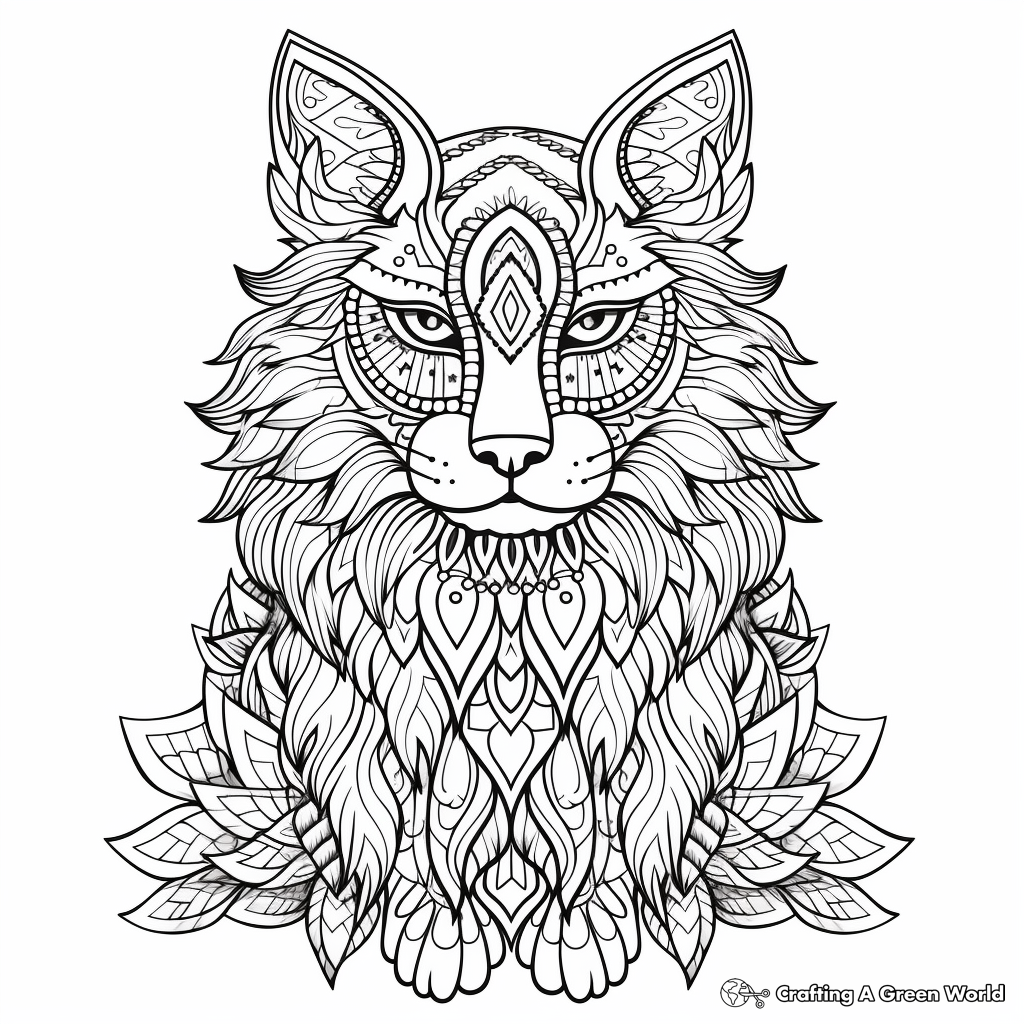Fluffy Maine Coon Cat Mandala Coloring Pages 1