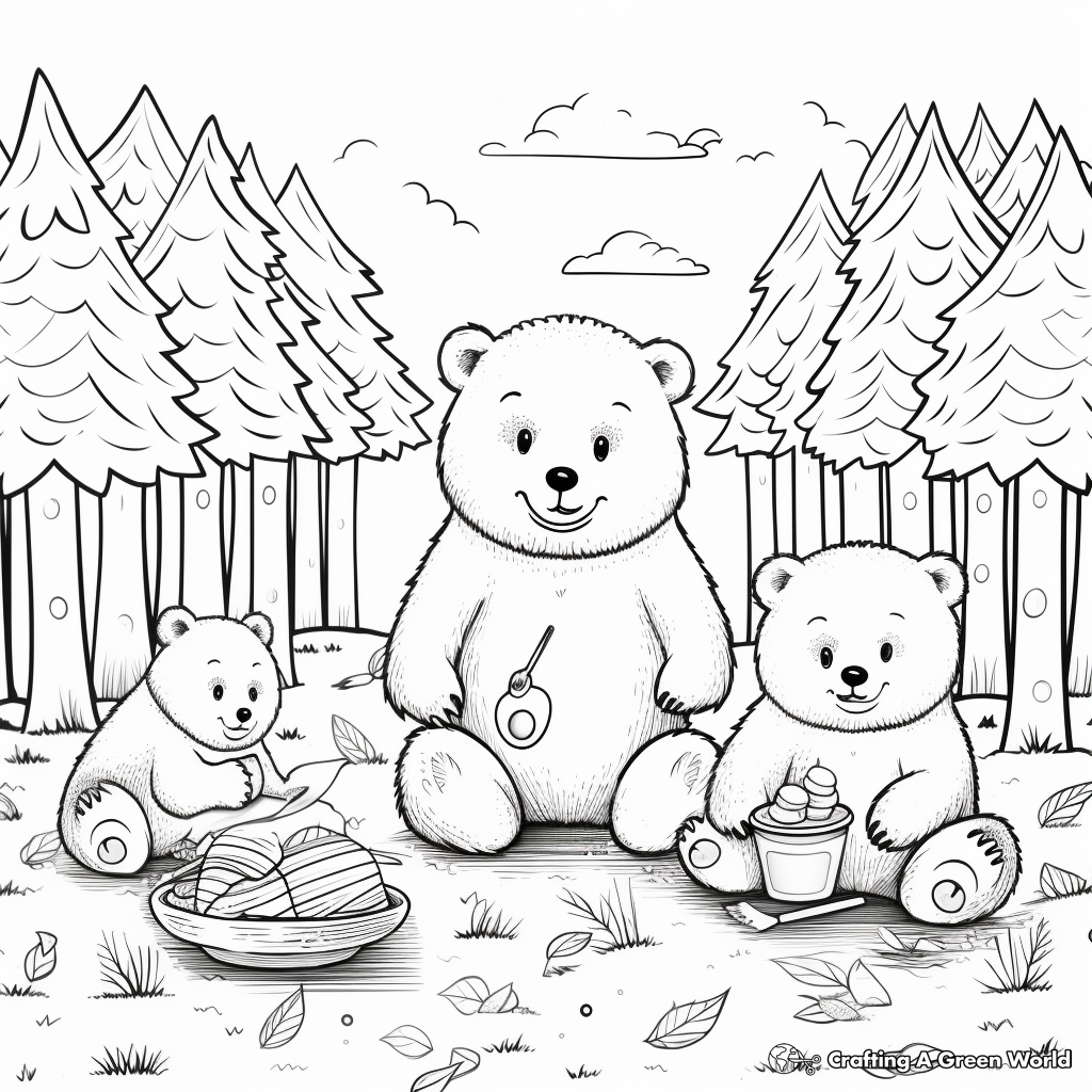 Forest Scene: Bear Family Picnic Coloring Pages 1