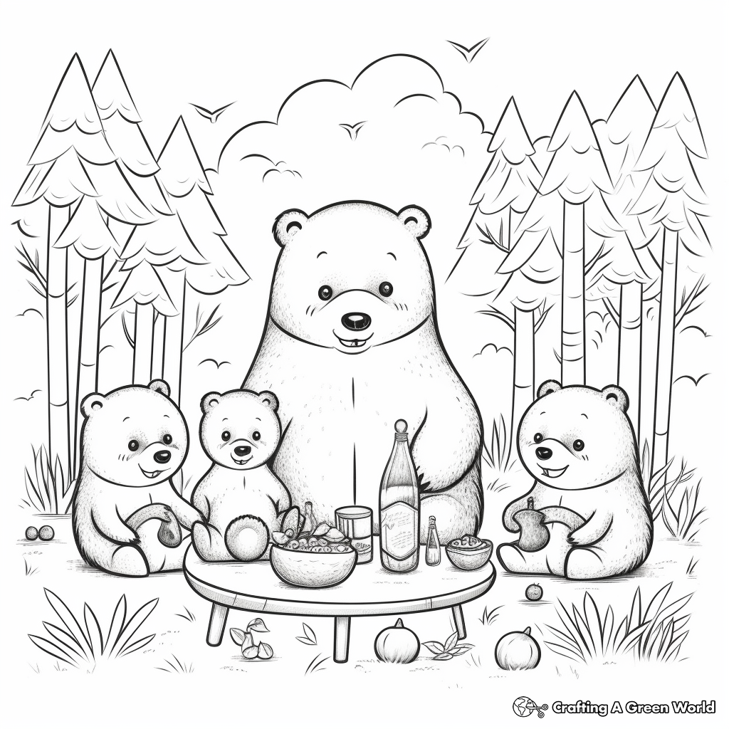 Forest Scene: Bear Family Picnic Coloring Pages 3