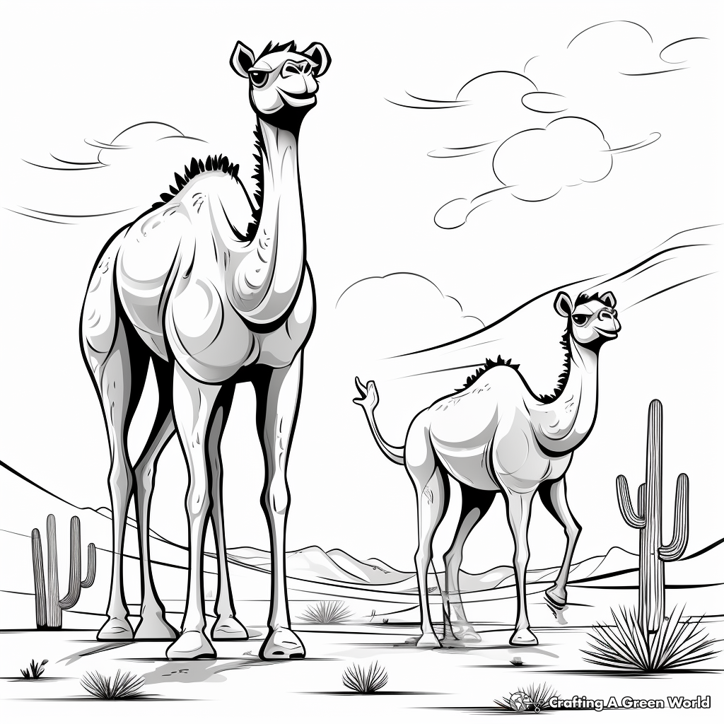 Friendly Cartoon Camels in the Desert: Kid-Friendly Coloring Pages 2