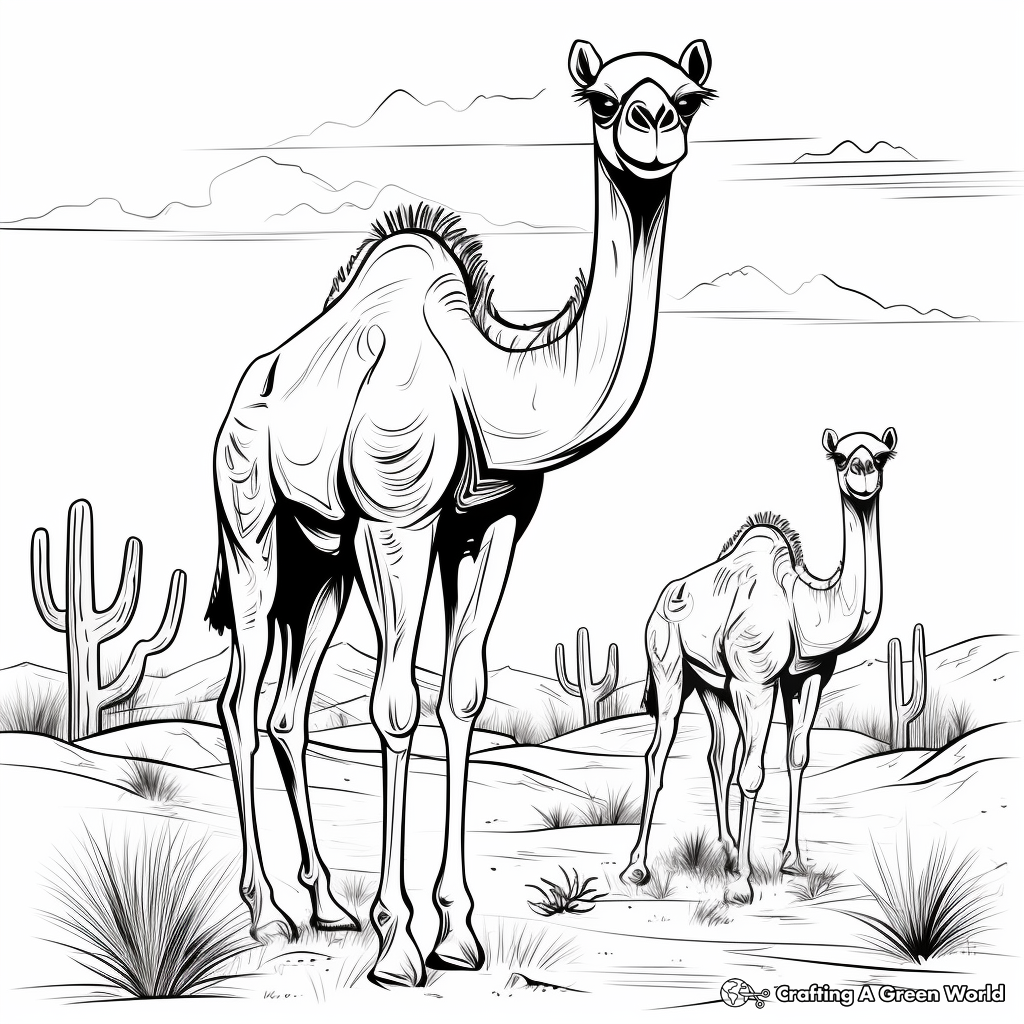 Friendly Cartoon Camels in the Desert: Kid-Friendly Coloring Pages 3