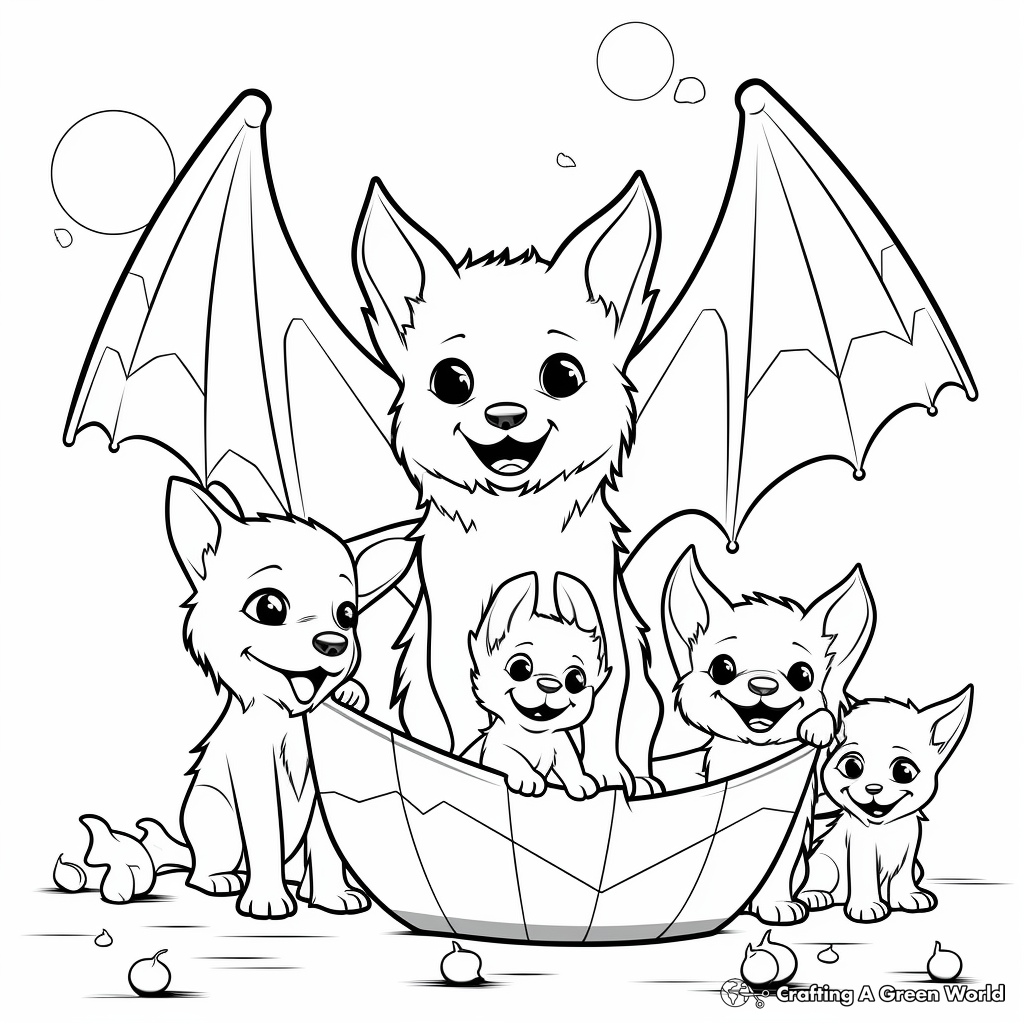 Fruit Bat Family Coloring Pages: Male, Female, and Pups 1