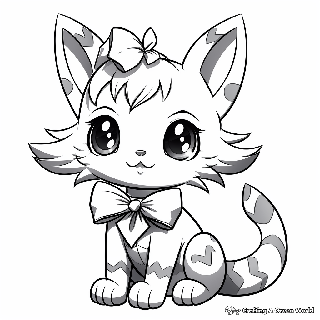 Fun Anime Cat with Bow Coloring Pages 2