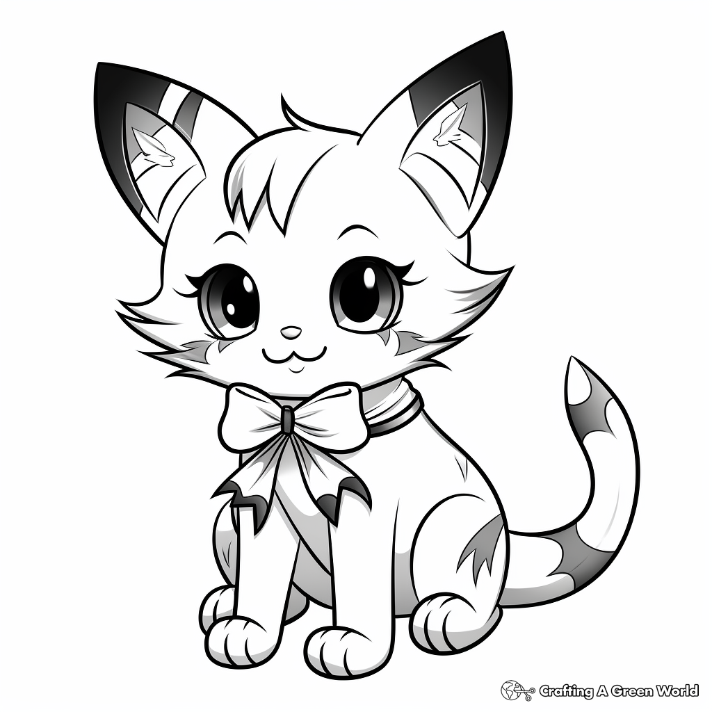 Fun Anime Cat with Bow Coloring Pages 3