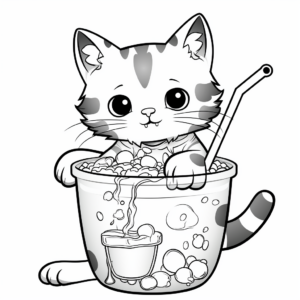 Funny Cat Sipping Boba Coloring Pages 1