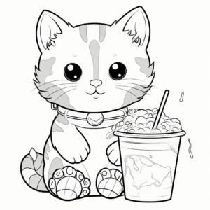 Funny Cat Sipping Boba Coloring Pages 2