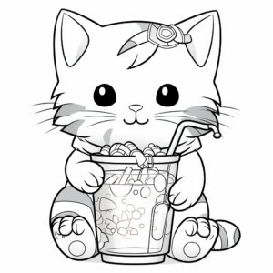 Funny Cat Sipping Boba Coloring Pages 4