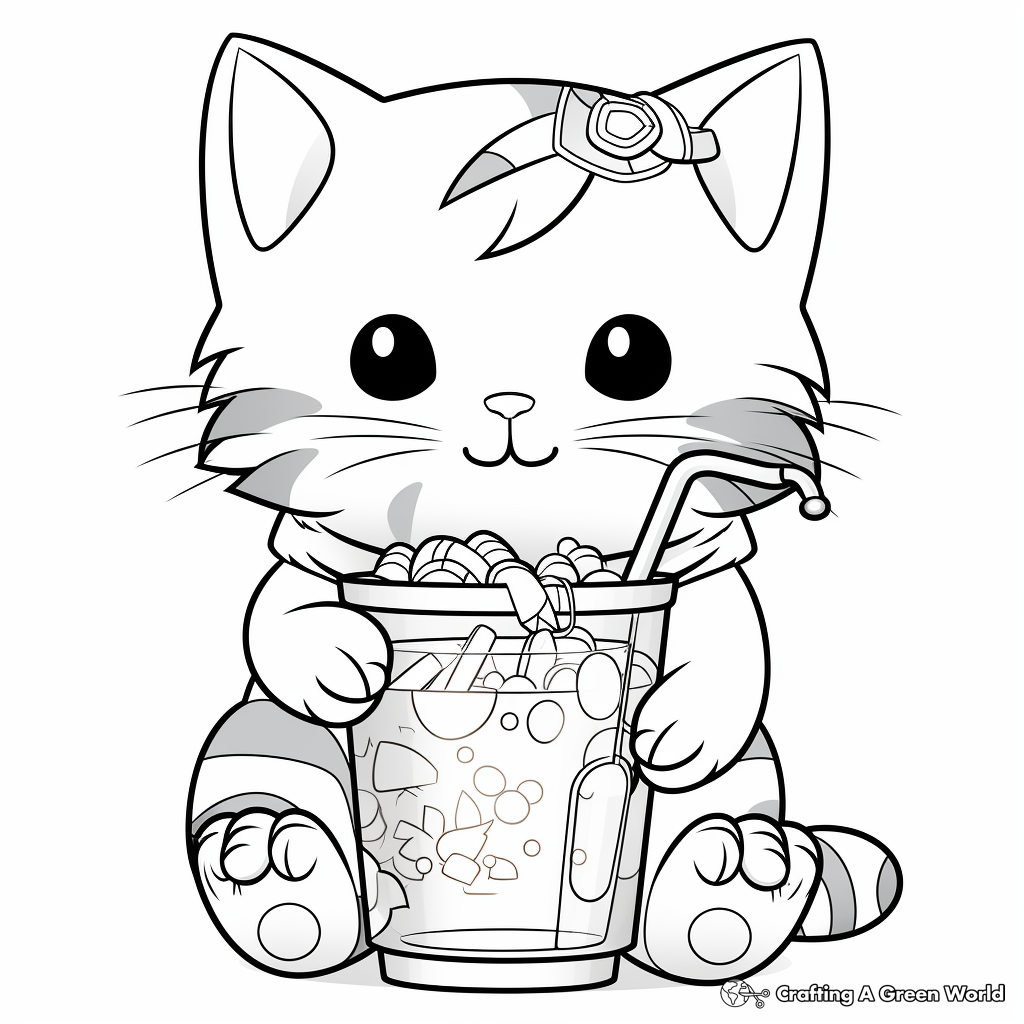 Funny Cat Sipping Boba Coloring Pages 4