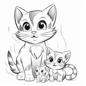 Furry Feline Family Coloring Pages: Mother Cat with Kittens 1