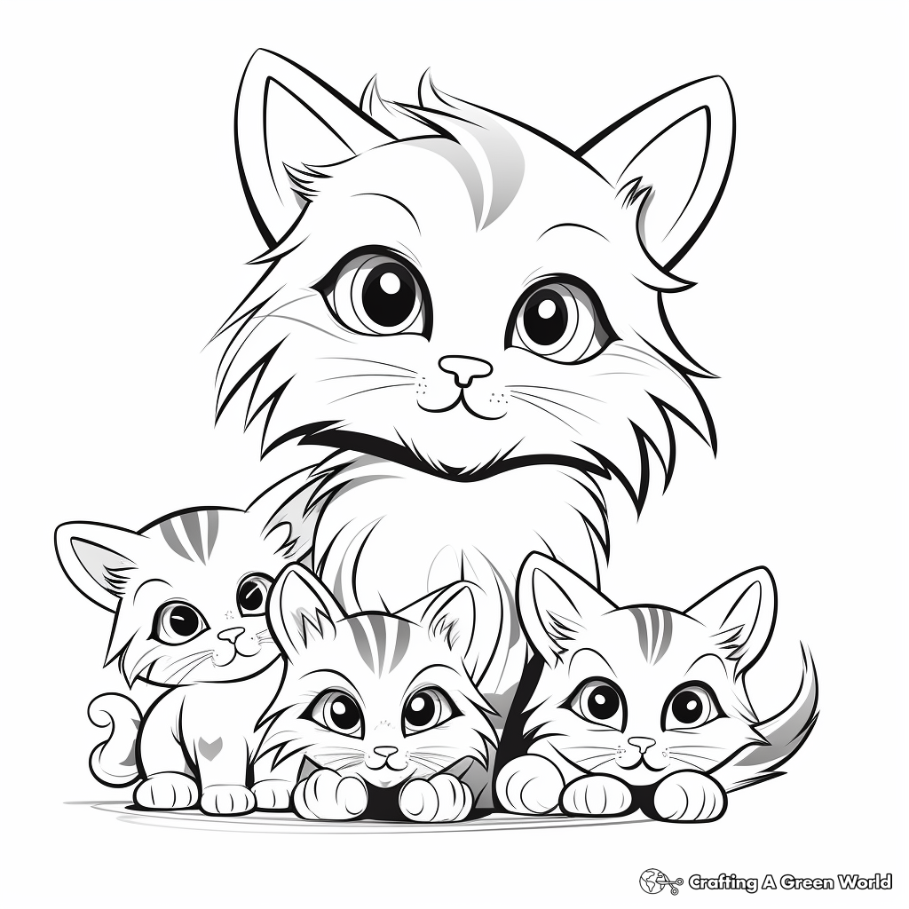 Furry Feline Family Coloring Pages: Mother Cat with Kittens 2