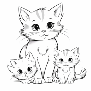 Furry Feline Family Coloring Pages: Mother Cat with Kittens 3