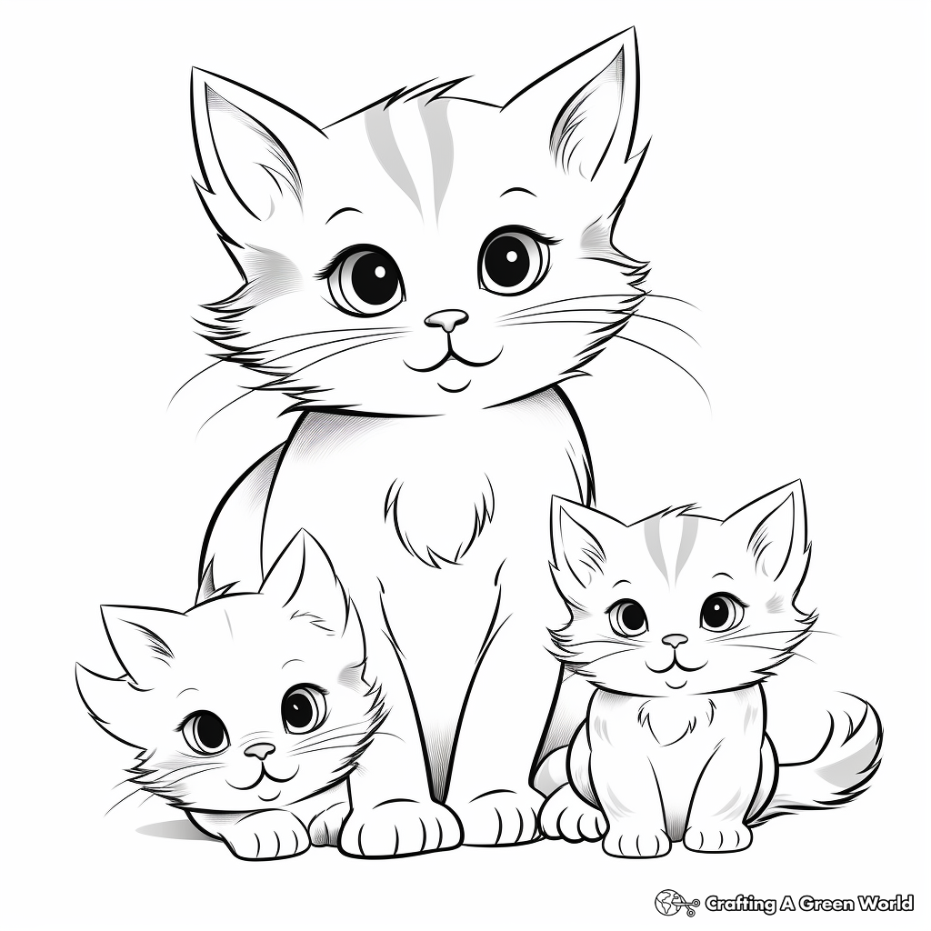 Furry Feline Family Coloring Pages: Mother Cat with Kittens 3