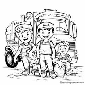Garbage Truck Crew Coloring Pages: Driver and Loaders 3