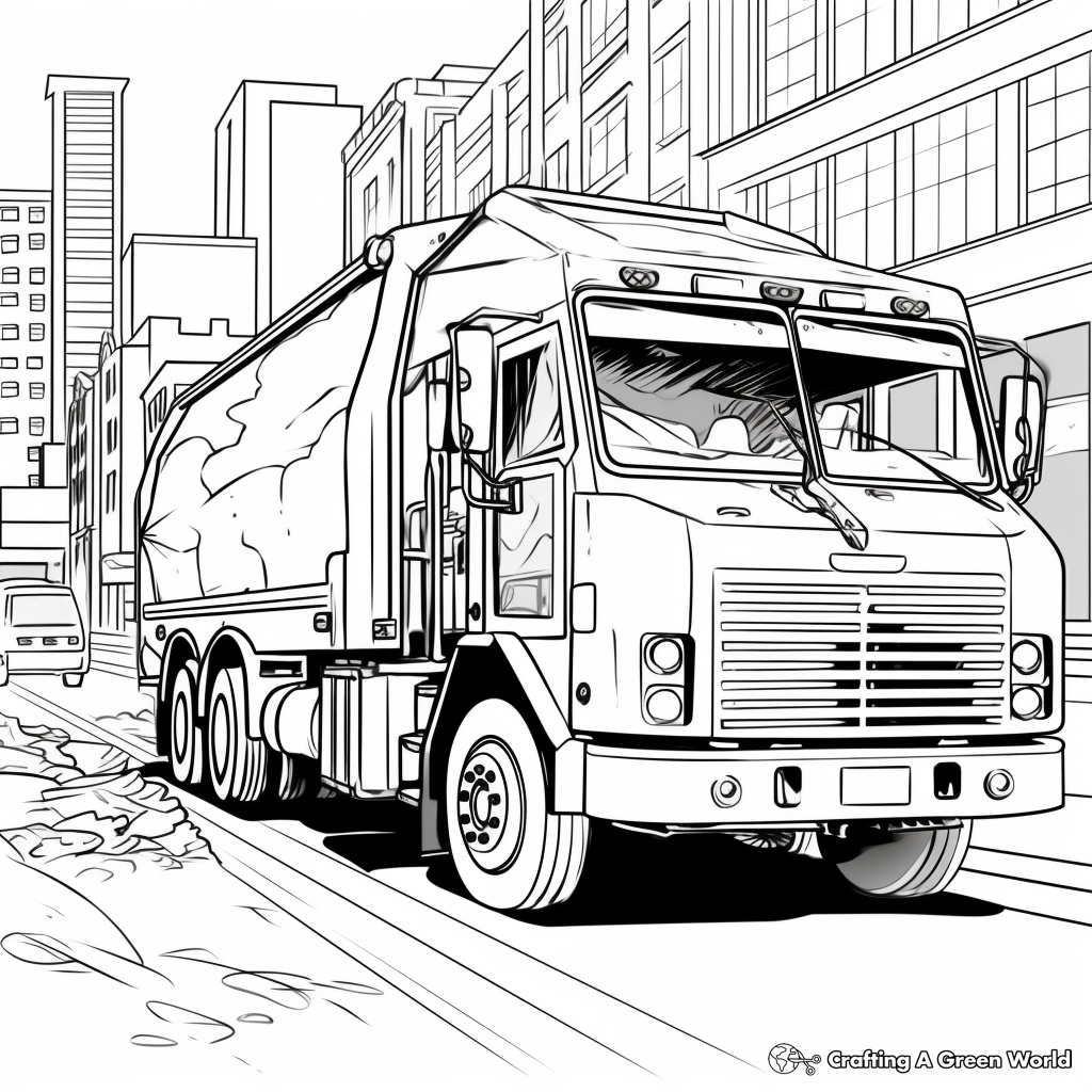 Garbage Truck in Action: City-Scene Coloring Pages 2