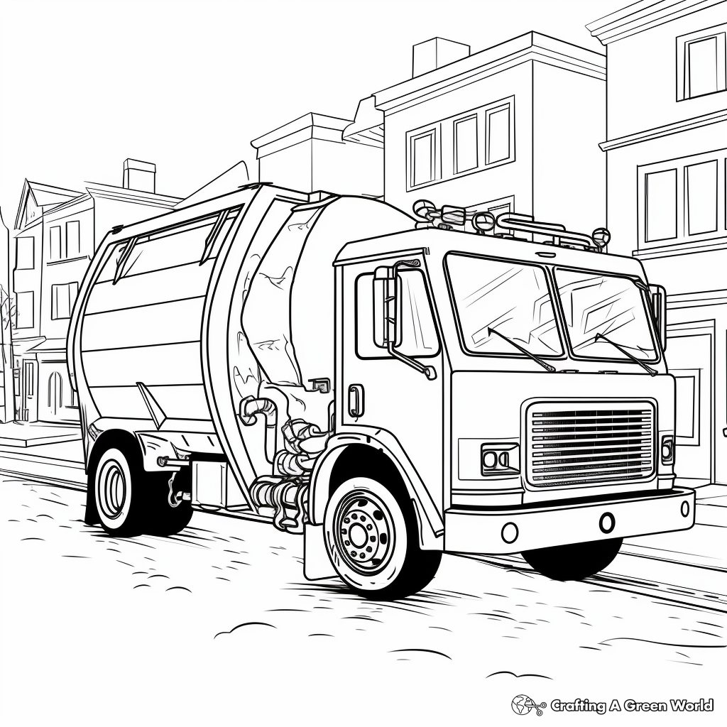 Garbage Truck in Action: City-Scene Coloring Pages 4