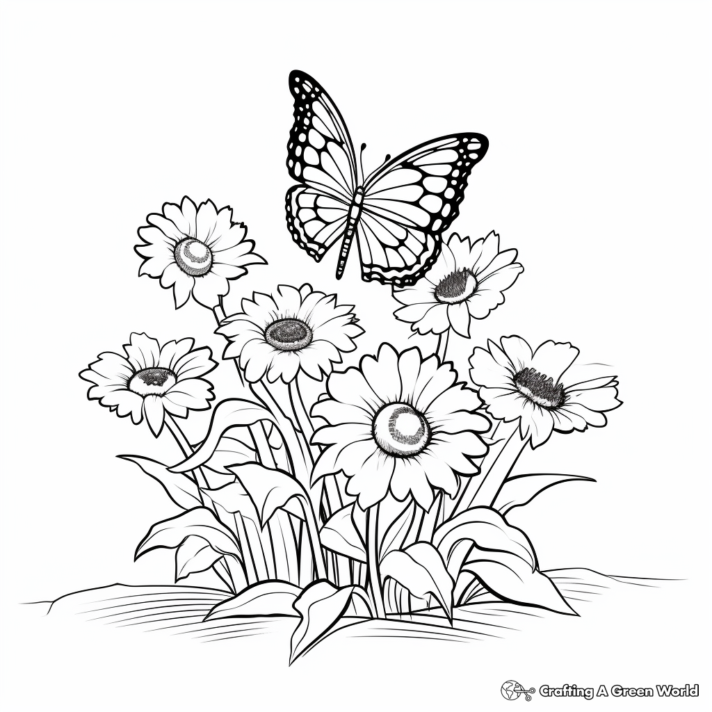 Garden Scene with Flowers and Butterflies Coloring Pages 2