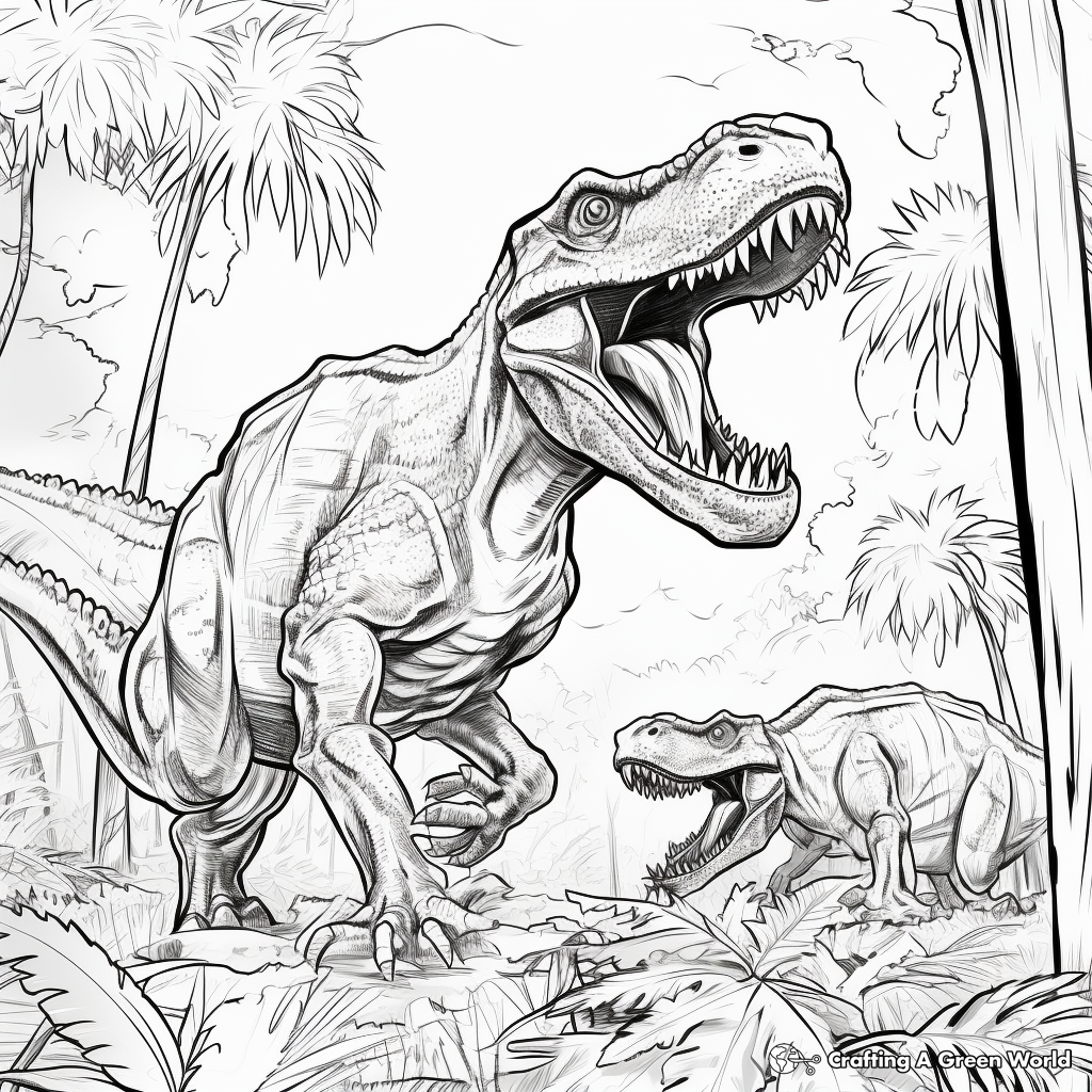 Giganotosaurus and T Rex in Jungle Scene Coloring Pages 2