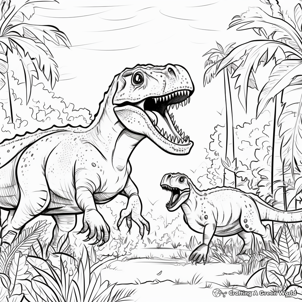 Giganotosaurus and T Rex in Jungle Scene Coloring Pages 4