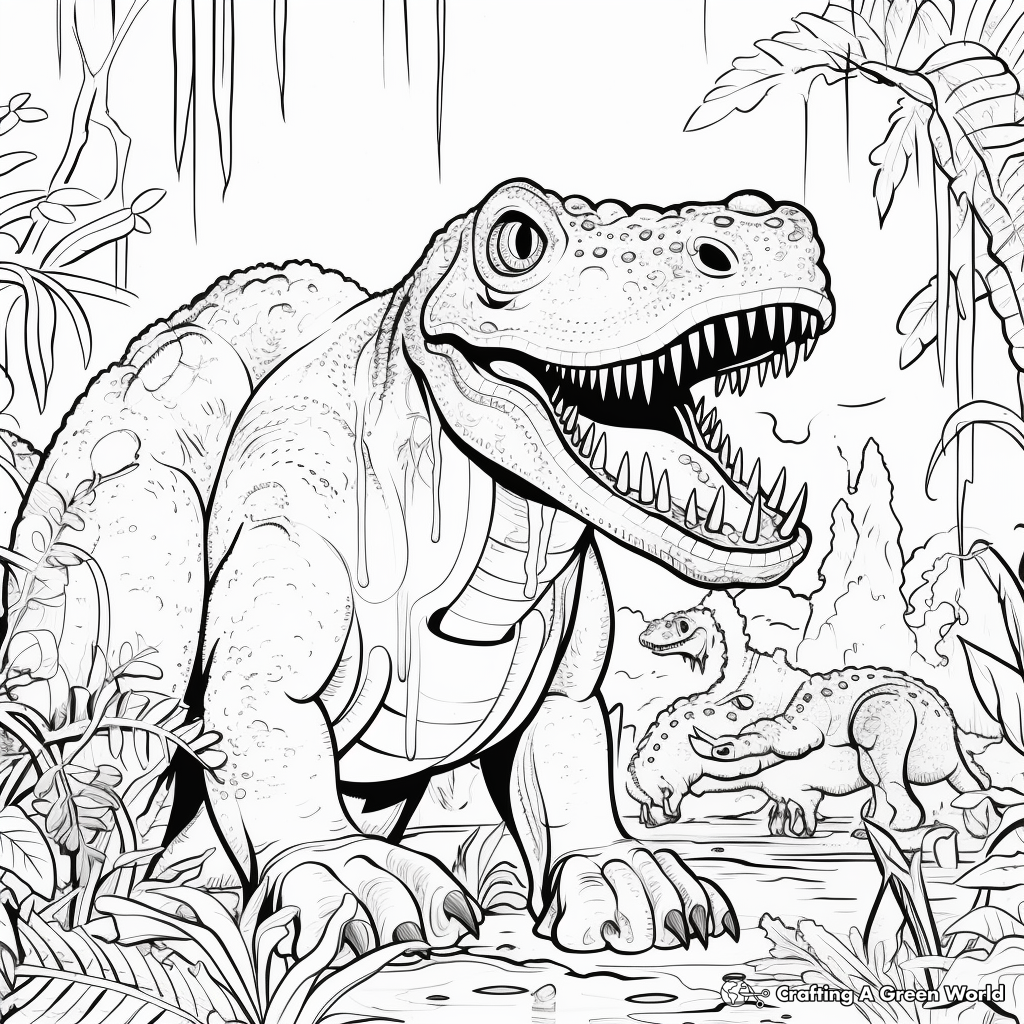 Giganotosaurus and T Rex in Misty Jungle Coloring Pages 1