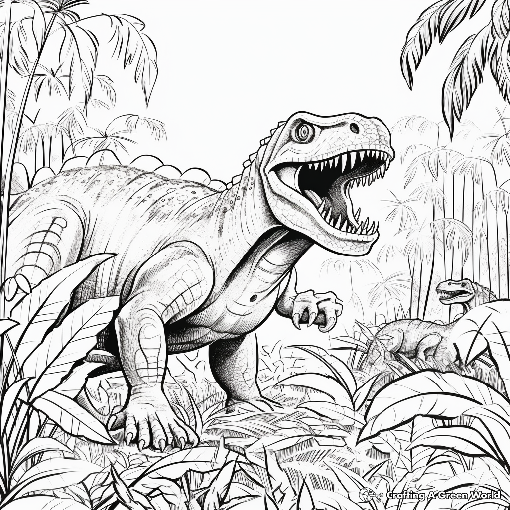 Giganotosaurus and T Rex in Misty Jungle Coloring Pages 2