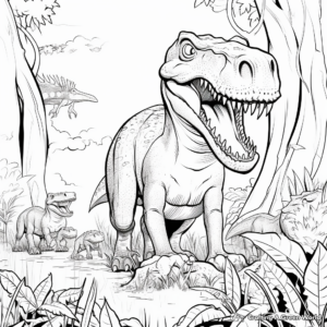 Giganotosaurus and T Rex in Misty Jungle Coloring Pages 4