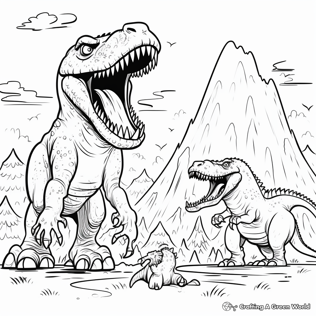 Giganotosaurus and T Rex with Background Volcanic Eruption Coloring Pages 1