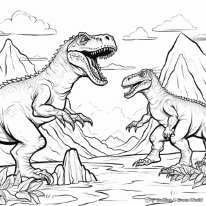 Giganotosaurus and T Rex with Background Volcanic Eruption Coloring Pages 2